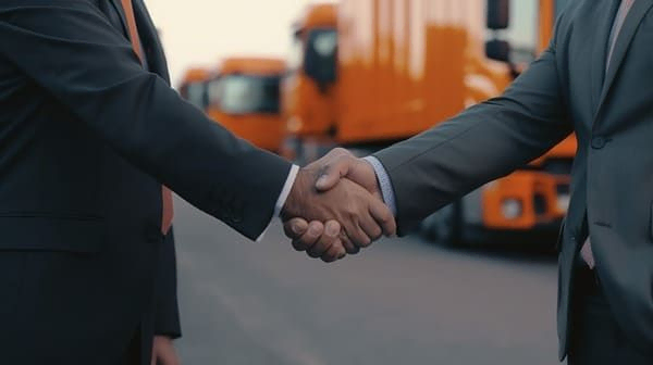 Dos hombres estrechándose la mano delante de flota de tráilers
